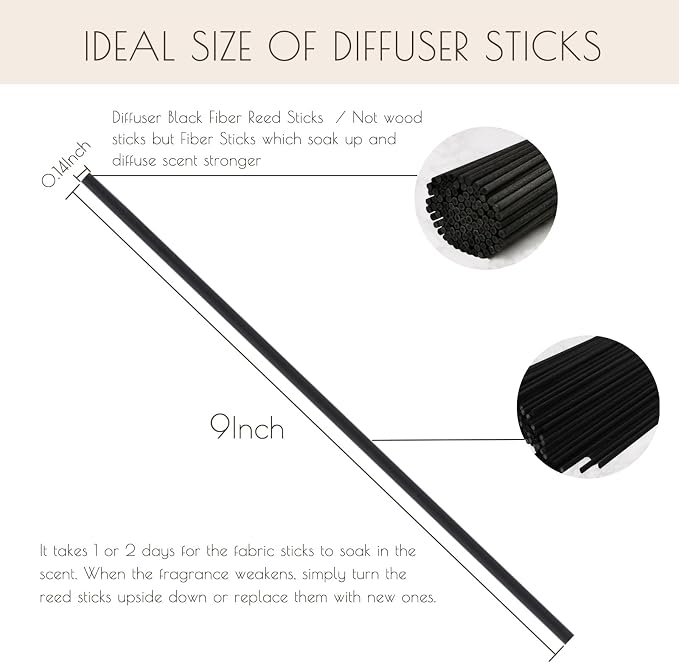 HOSSIAN Reed Diffuser Sticks, Natural Rattan Wood Sticks Essential Oil Aroma Diffuser Sticks Refill Replacement for Aroma Fragrance (Black Fibre 9 Inch 100PCS)