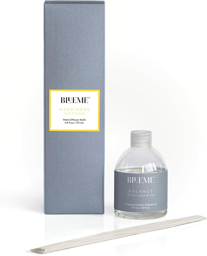 Blueme Happiness Wellness Diffuser Oil Refill | Yuzu & Ginger | 5.92 Fl Oz - Refillable Diffuser, Essential Oils, Ceramic, Rattan Reeds | Small
