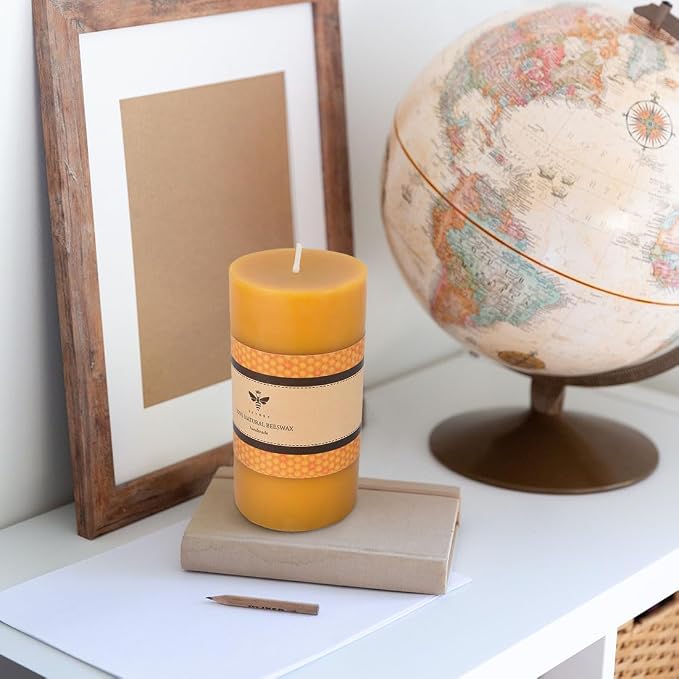 DEYBBY 3x6 inch Natural Beeswax Pillar Candle for Women, Smokeless Dripless Pure Organic Beeswax Candle with Natural Scent for Blackout Home Decoration Bath Relaxation（Yellow）