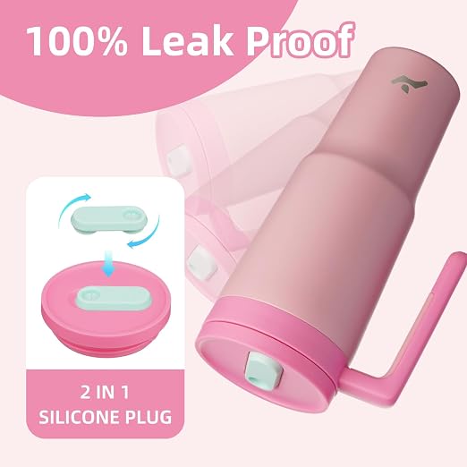 Konokyo Insulated Tumbler with Handle and Straw,40 OZ Vacuum Stainless Steel Water Bottle Travel Mug Metal Cup with Fruit Diffuser,Pink