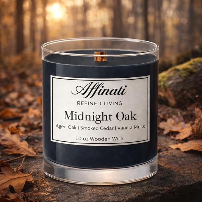 Affinati Midnight Oak Scented Candle, 10 oz Wooden Wick Tumbler Jar – Highly Fragrant Earthy Sophisticated Aromatherapy, Soy Wax Blend Gift