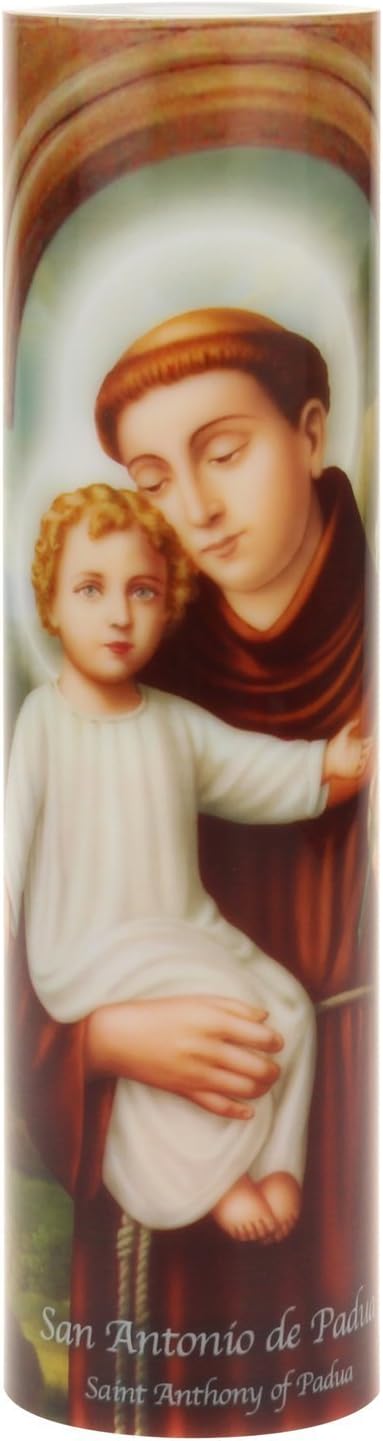 Saints Collection St. Anthony Flickering LED Prayer Candle - English & Spanish Prayers, Unique Religious Decoration for Altar, Mantle or Home