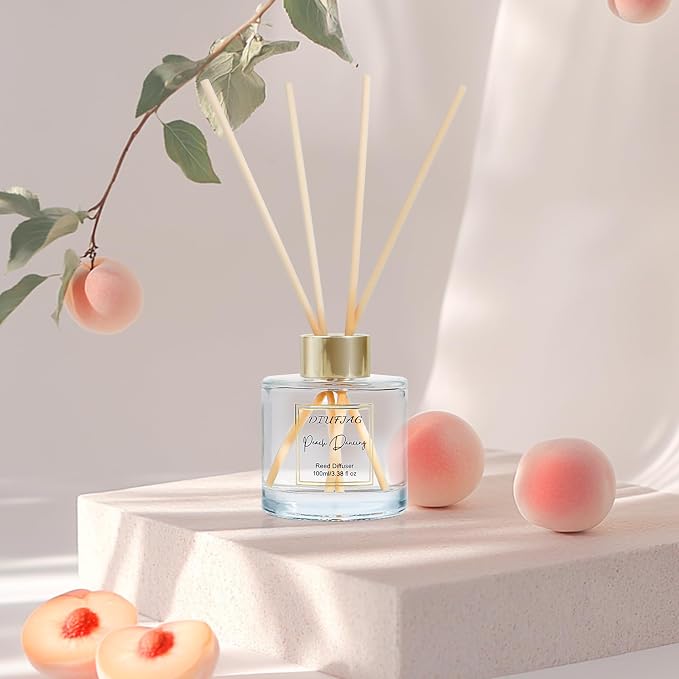 200ml Scent Diffuser with 6 Fiber Sticks, 6.76 oz Reed Diffuser Set Aromatherapy Fragrance Diffusers Air Fresheners for Home Bedroom Bathroom (Orange Peach)