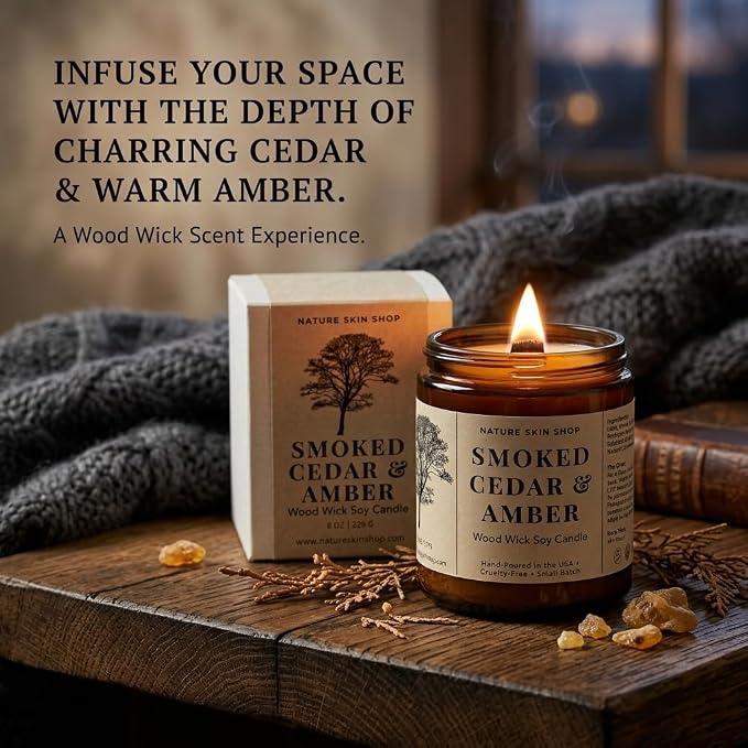 Nature Skin Shop Smoked Cedar Artisan Soy Candle Wood Wick Aromatherapy Home Fragrance Crackling Vegan 8 oz