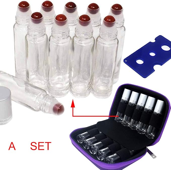 fengshuisale 10pcs Clear 10ml Empty Refillable Glass Bottles with Crystal Semiprecious Stones Essential Oil Gemstone Roller Ball Bottles with Silver Lid with Free Bag W3900 (Jasper)