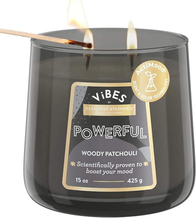 Candle-Lite Vibes Woody Patchouli Mood-Enhancing Scented Candles, 15 oz Jar, Aromatherapy, Proudly Poured in The USA, 2-Wick, 86 Hours Burn Time, Perfect Relaxation Gift