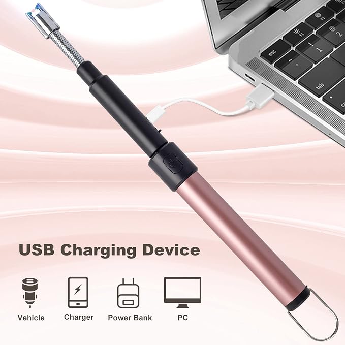 Candle Arc Lighters Long Flexible Neck 70cm Telescopic Rechargeable Electric Flameless Lighter for Kitchen Fireplace Pilot Light BBQ Stove (Pink)