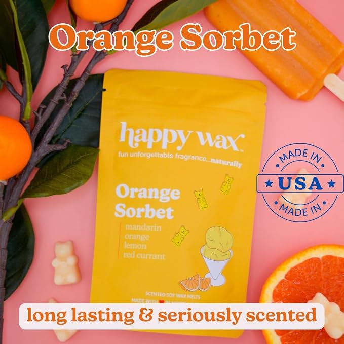 Happy Wax Citrus Mix Natural Soy Wax Melts - 6oz Total - Three 2oz pouches including Tropical Citrus, Orange Sorbet & Grapefruit Mangosteen