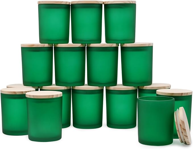 SHOWIN Thick Candle Jars for Making Candles 16 Pcs, 7 OZ Empty Jars with Wood Lids for Candle Making, Sample Container, Frosted Green