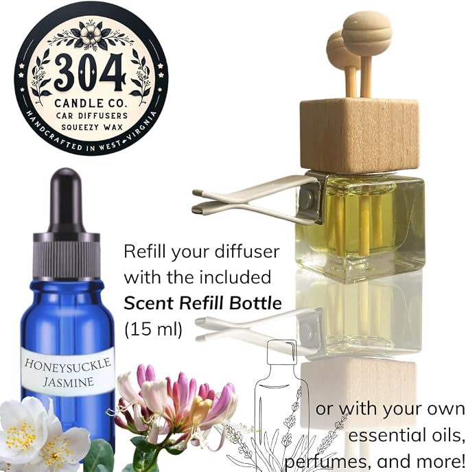 Cute Refillable Car Air Freshener Vent Clip 8mL – Honeysuckle Jasmine – 15mL Refill Included – Long Lasting Fragrance Oil Diffuser – 100% American Handmade Odor Eliminator
