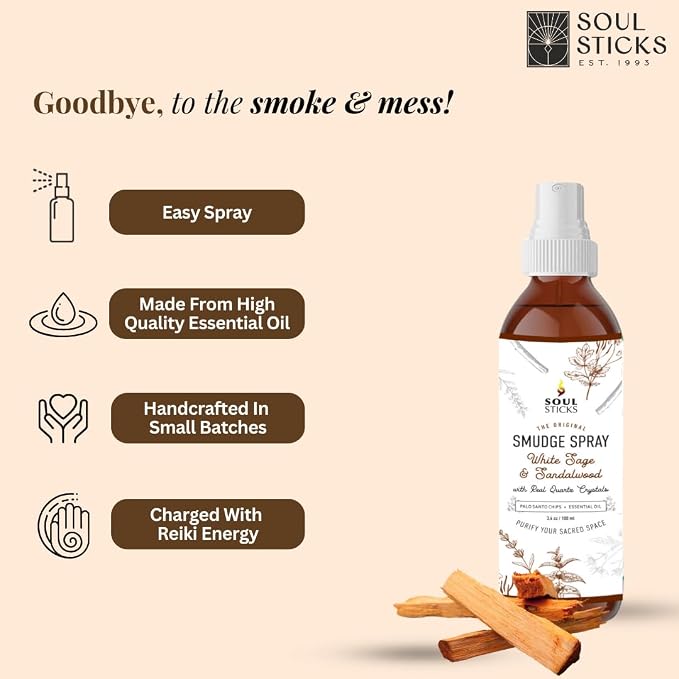 SOUL STICKS White Sage & Sandalwood Smudge Spray For Cleansing and Negative Energy | 3.5oz White Sage Smudge Spray with Real Quartz Crystals | Car Fragrance Sage Room Spray for Spiritual Cleansing