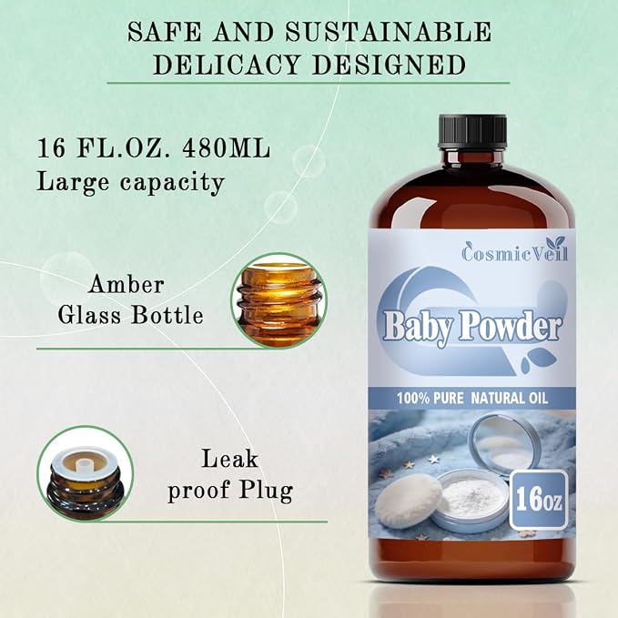 Baby Powder Fragrance Oil Essential Oil for Aroma Diffuser,Humidifier,Home Fragrance,Cleaning,Body Care,Massage,Yoga,DIY Candle,DIY Soap CosmicVeil（Baby Powder，16 Fl Oz (Pack of 1)）