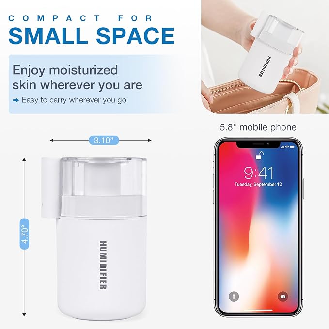 Mini Humidifier, Small Cool Mist Humidifier USB Personal Portable Quiet Table Desktop Humidifiers for Cooling Home Office Car Summer Travel (180ml, White)
