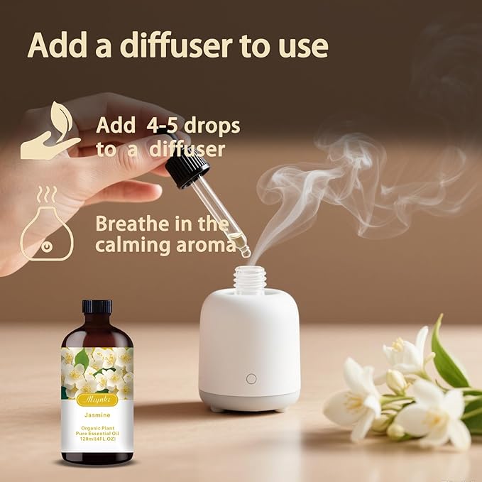 Jasmine Essential Oil, Jasmine Oil for Romance, Diffuser, Humidifier, Massage, DIY Candle, Soap, Skin Care, Yoga, Gift Ready,Jasmine Fragrance Oil - Essential Oils MLYNKL (4.33 fl oz / 130ml)