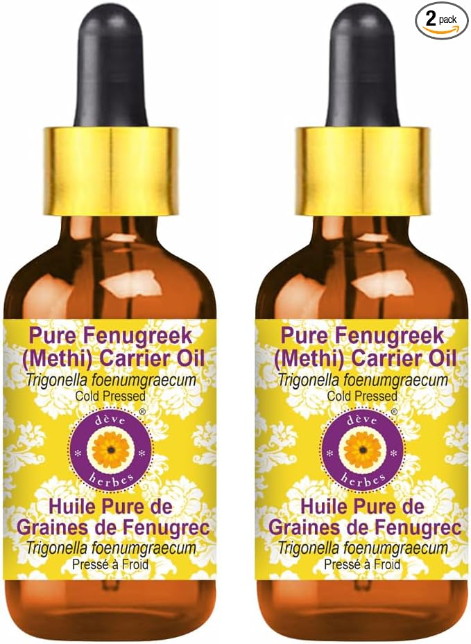 Deve Herbes Pure Fenugreek (Methi) Oil (Trigonella foenumgraecum) with Glass Dropper | Cold Pressed | Natural | Undiluted | For Diluting Essential Oils | For Hair & Skin | Unisex | 100ml X 2 (6.76 oz)