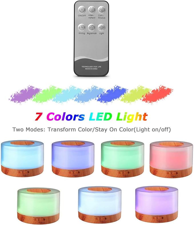 Aromatherapy Essential Oil Diffuser,700ML Ultrasonic Aroma Cool Mist Humidifier with Adjustable Mist Mode,Waterless Auto Shut-Off and Remote Control,7 Color Changing LED Night Lights for Home