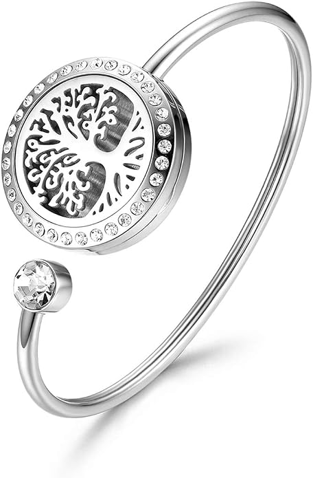 Cupimatch Adjustable Tree of Life Essential Oil Diffuser Bracelet, Stainless Steel CZ Aromatherapy Locket Bangle 8 Color Pads Jewelry Set for Women for Mother's Day