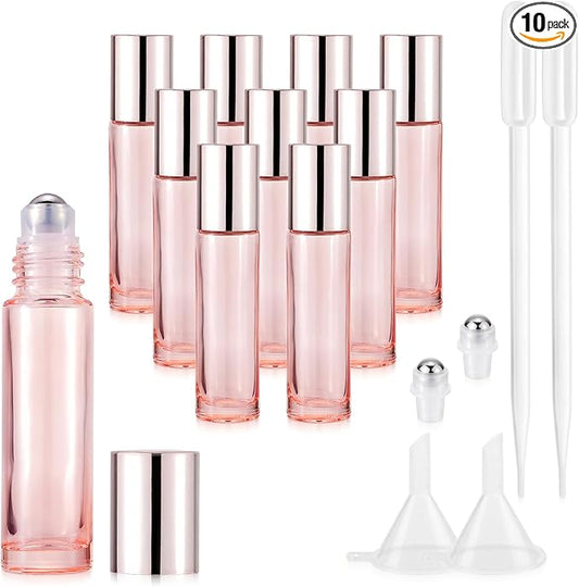 10 Pack 10mL Essential Oil Roller Bottles Empty Glass Roll On Bottles Rose Pink with Stainless Steel Ball Applicator for Perfume Refillable Leak Proof Travel Portable DIY Craft Eye Care Sample