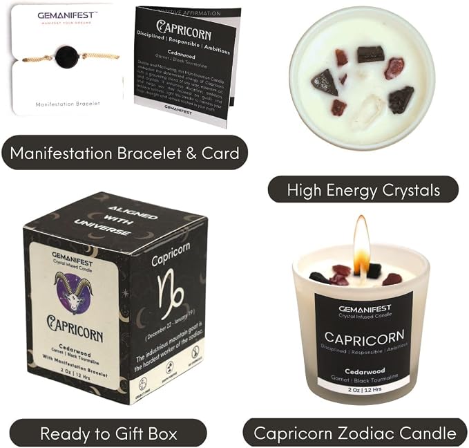 Capricorn Zodiac Candle Astrology Gifts for Women and Men with Capricorn Bracelet Cedarwood Candle with Healing Crystals Birthday Birthstone Manifestation Gifts
