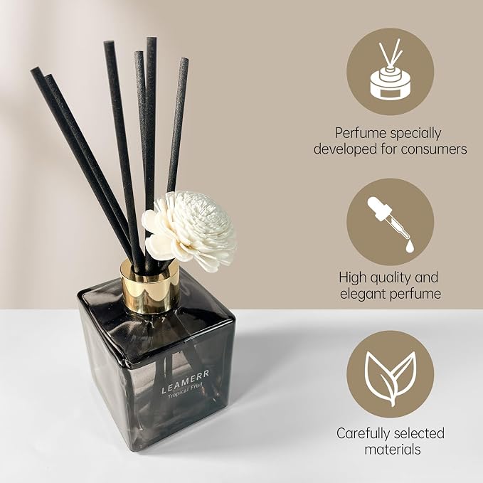 Reed Diffuser Set, 6.1 oz (180 ml) My Way Woody Fragrance Diffuser with 6 Reed Sticks and Scented Diffuser Flower Long-Lasting Home Fragrance Reed Diffuser for Home Room Office Bathroom Shelf Decor