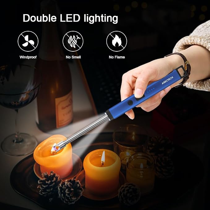ARECTECH Candle Electric Lighter Rechargeable USB Arc Lighter for Candle Camping Fireworks Christmas Birthday Gifts with LED Light for Men Women Blue
