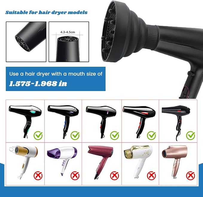 Universal Collapsible Hair Dryer Diffuser, Travel Hair Dryer Diffuser Attachment with Comb, Portable Hairs Diffusers Blow Dryers Attachment for Natural Thick Hairs(Black)