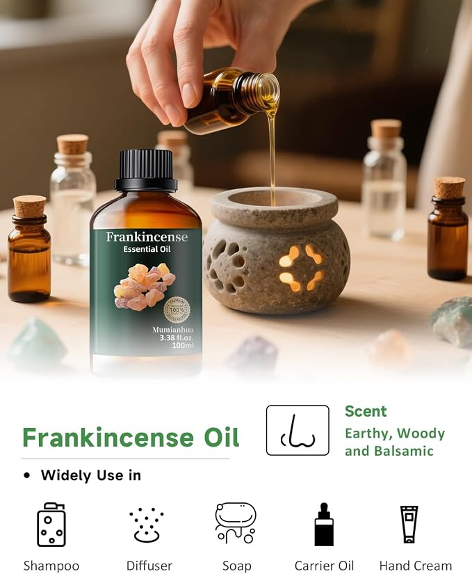 Frankincense Essential Oil, Pure Mumianhua Boswellia Oil for Meditation & Evening Calm, Grounding Aroma for Diffuser, Skin Renewal, DIY Serum, Candle & Soap Making – 3.38 Fl Oz