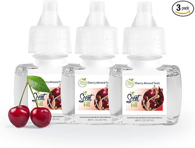 Scent Fill 100% Natural Cherry Almond Twist Plug in Air Freshener, Scented Oil Refills, 3 Refills