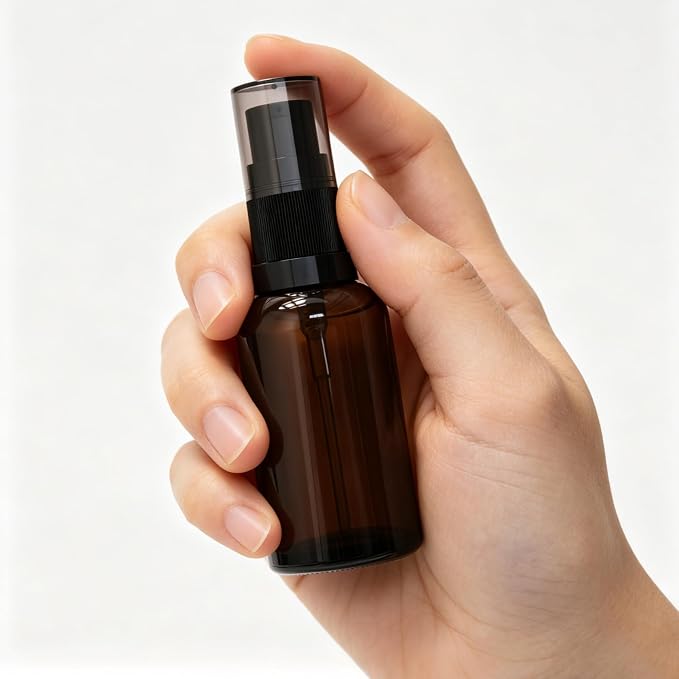 6 Pack Empty Travel Refillable Glass Pump Bottles Dispener 30ml/1oz, Amber Small Cosmetic Containers for Lotion,Cream,Essential Oil,Shampoo,Sercums (30ml Amber 6pcs)