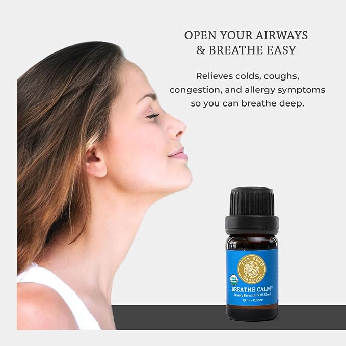 Silk Road Organic Breathe Calm Essential Oil Breathe Easy Blend for Cold, Cough, Congestion, Sinus & Allergy Support – USDA Certified Aromatherapy undiluted 10 ml Dropper
