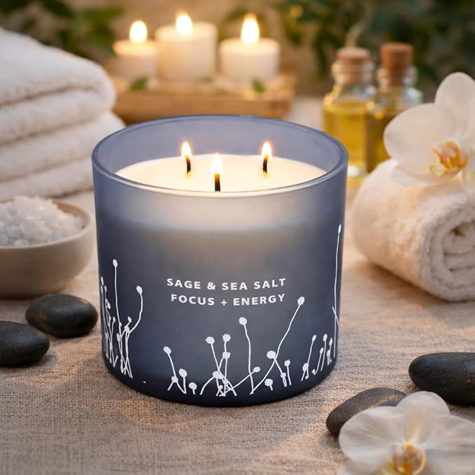 White Sage Sea Salt 3 Wick Candle - Large Soy Scented Candle 14.5 oz - Sage Candle for Cleansing House - Aromatherapy Energy Cleansing Candle for Home, Stress Relief, Women & Men