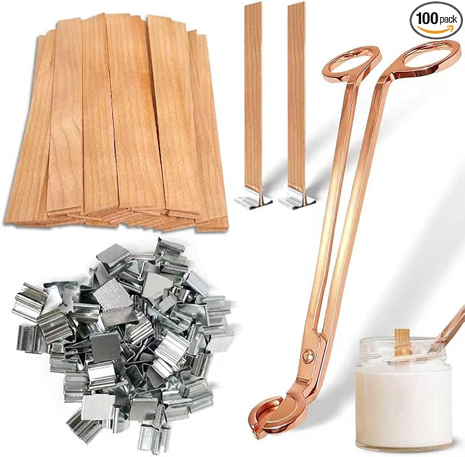 Wood Wicks for Candles Making, 100pcs Wood Candle Wicks, Include 50pcs 5.1 X 0.5 Inch Candle Making Wicks and 50pcs Iron Stand Naturally Smokeless,Wooden Candle Wicks with Rose Gold Trimmer for DIY.