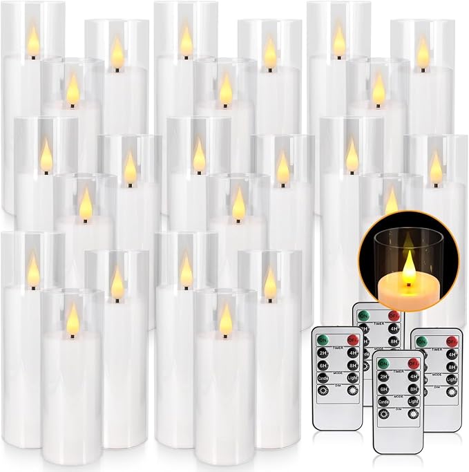 YOROXRG Set of 24 Flickering Flameless Candles Battery Operated with Remote and 2/4/6/8 H Timer Plexiglass Led Pillar Candles with Realistic Moving Wick Candles for Home Decor (D2.2"xH 5"6"7")(White)