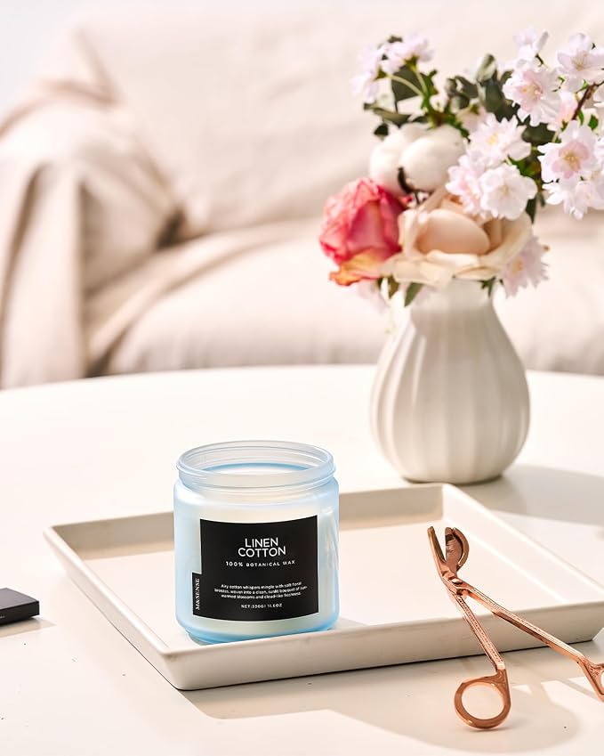 M&SENSE Fresh & Linen Cotton Scented Candles, 11.6oz Natural Soy Wax, 70-Hour Slow Burning, Clean Non Toxic Candle for Laundry, Aromatherapy Home Fragrance Gifts for Relxation Strees Relief