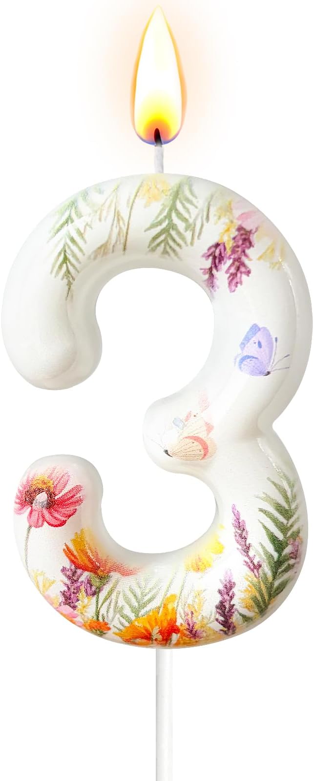 Number 3 Birthday Candle for Cake – Floral Botanical Design with Butterfly Detail – Elegant Cake Topper for Birthday, Garden Party Decoration