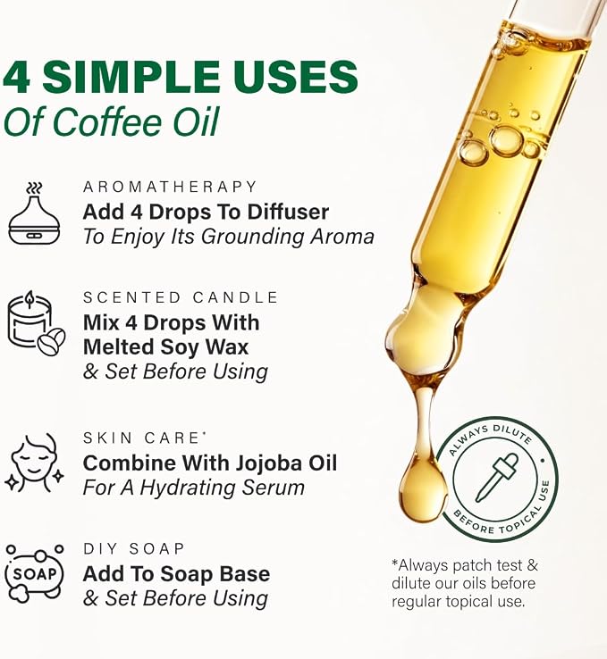 100% Pure Coffee Oil - 1 Fl Oz Coffee Essential Oil for Hair, Skin, Diffuser, Aromatherapy & DIY Soap Making Scent