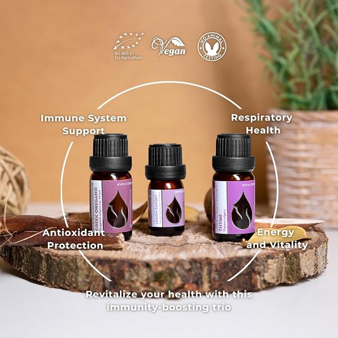 Set Vitality Essences Bulgaria Organic Essential Oils | Thyme (10ml) + Greek Oregano (10ml) + Lemon Savory (5ml) | 100% Pure and Natural | Undiluted | Therapeutic Grade | Non-GMO | 3pcs