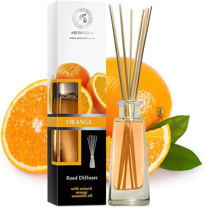 Orange Diffuser w/Orange Oil 3.4 Fl Oz - Fresh Room - Long Lasting Fragrance - Scented Reed Diffuser Orange - Diffuser Gift Set - for Aromatherapy - Home - Orange Essential Oil Diffuser by AROMATIKA
