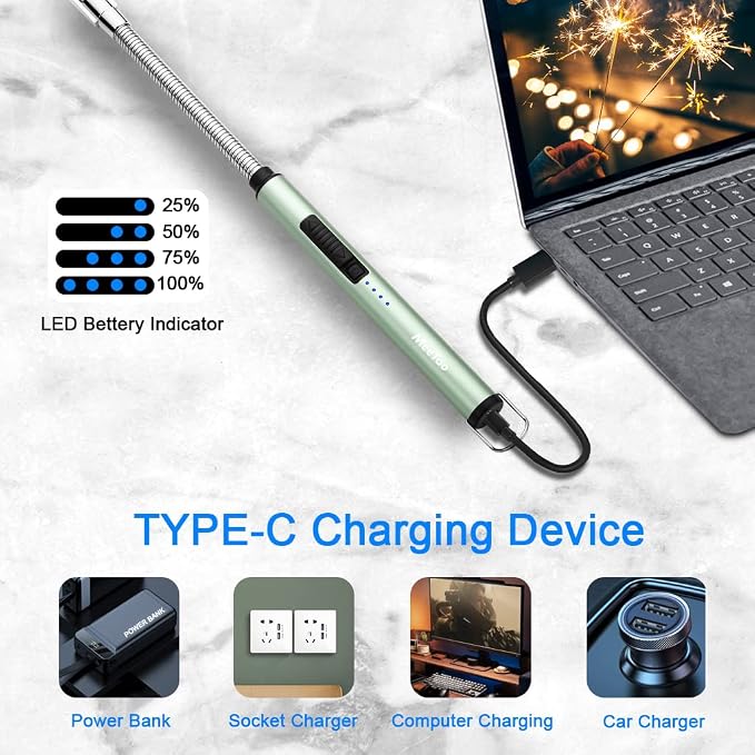MeeToo Lighter, Electric Candle Rechargeable USB Lighter Plasma Arc for Candle Birthday Camping Green
