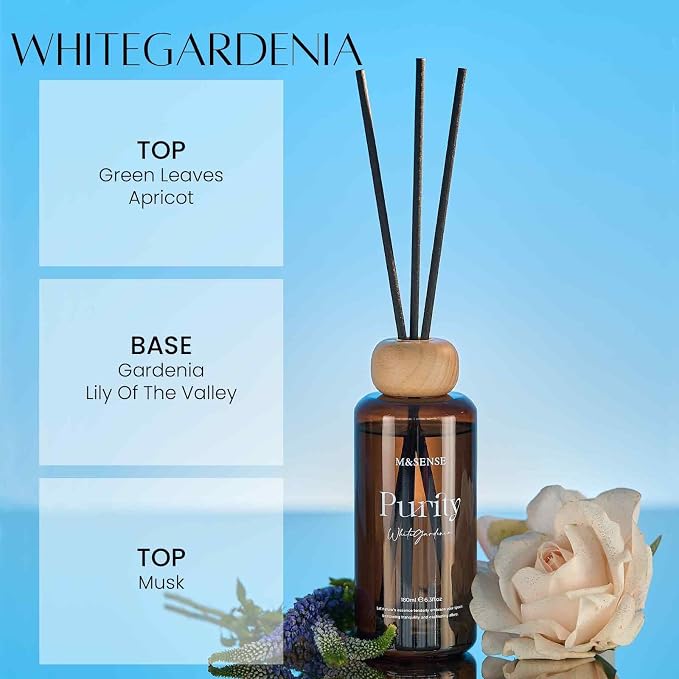 M&SENSE Reed Diffuser Set, White Gardenia Scented 6.3 fl oz Natural Essential Oil Diffusers with Sticks, Non-Toxic Organic Air Freshener, Long-Lasting Fragrance Oils for Home Office Bathroom Bedroom