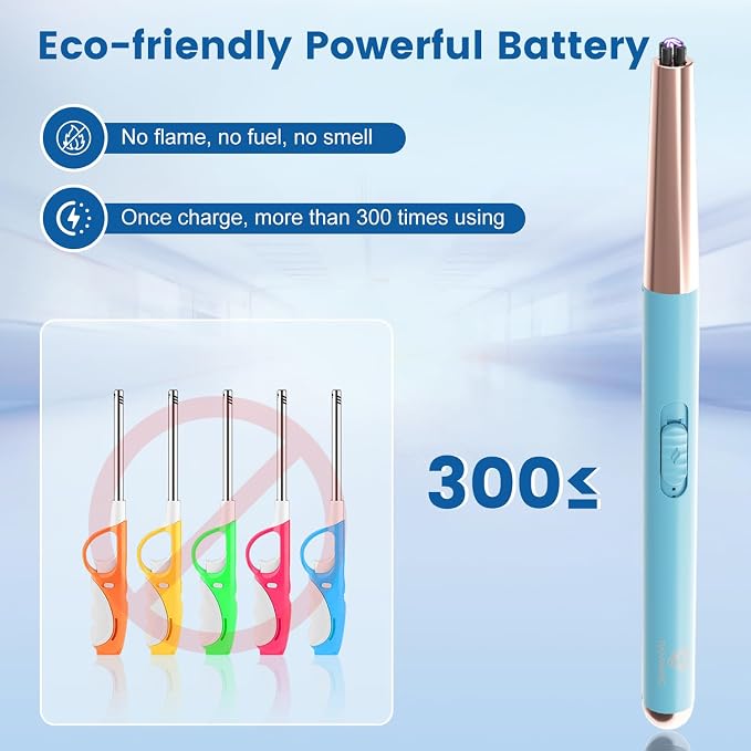 Electric Candle Lighter USB Rechargeable with Safety Lock & LED Display, Windproof Flameless Arc Lighter for BBQ, Camping, Kitchen, Gifts for Women Men (Summer Blue)