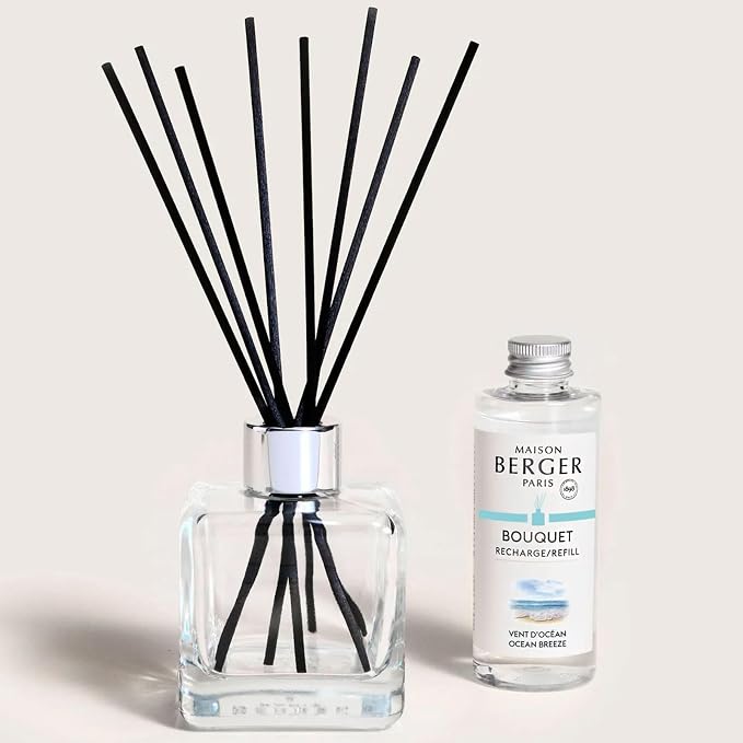 MAISON BERGER Reed Diffuser Bouquet, 100 ml, Ocean Breeze | Clear Glass Bottle, 8 Reed Sticks, 100 ml Refill, Up to 6-Week Passive Diffusion, No Flame, Made in France