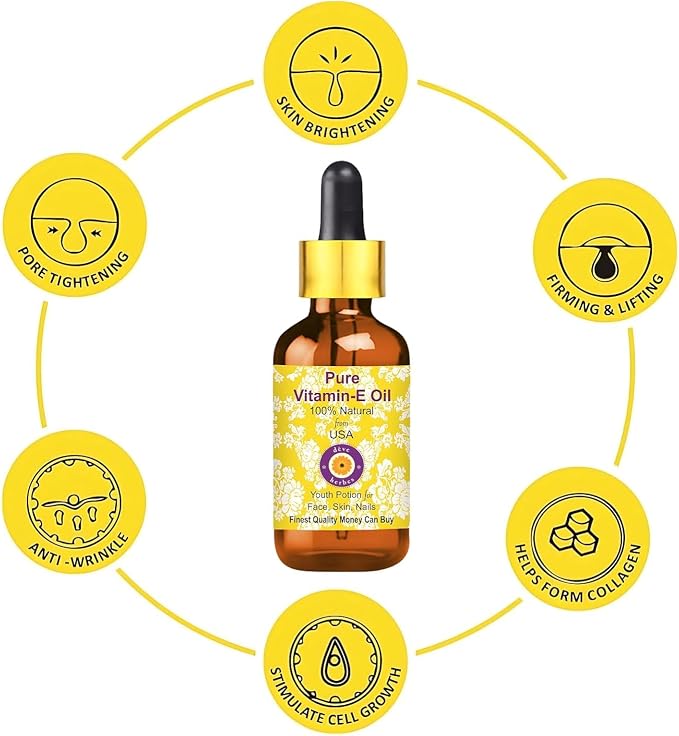 Deve Herbes Vitamin E Oil with Glass Dropper | Infused | Pure | Natutal | Undiluted | for Diluting Essential Oils | for Skin & Massage | Non-Sticky| Lightweight| Men & Women | 30ml (1 oz)