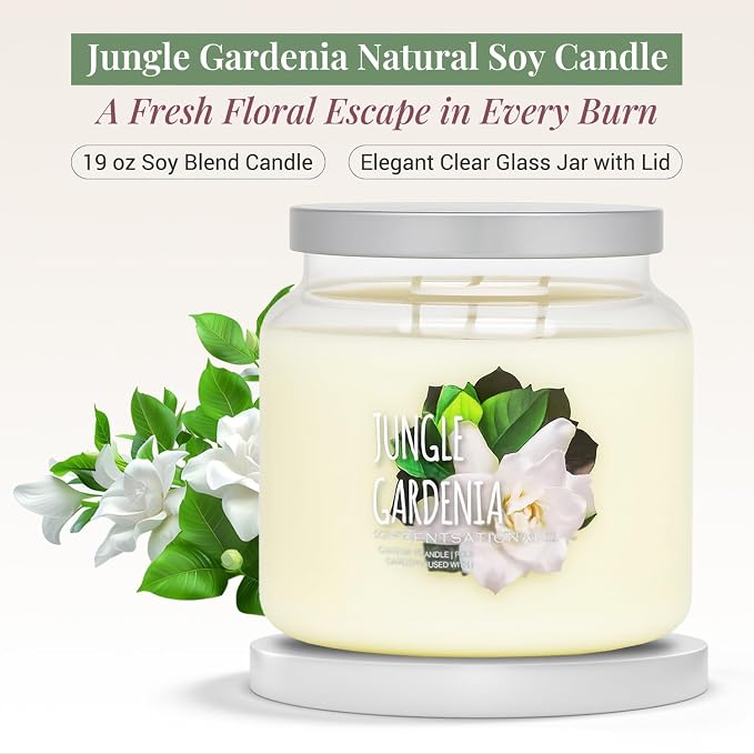 Scentsational Jungle Gardenia Candle – Large 19 Oz Jar Candle with Natural Soy Blend – Gardenia Scented Candles for Indoor or Outdoor Use – Non-Toxic Decorative Candles for Relaxation & Gifting