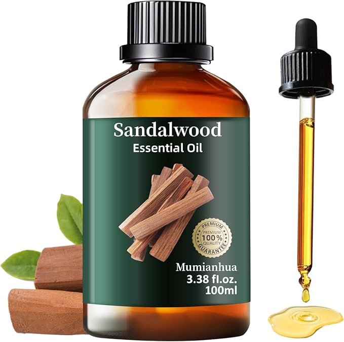 Sandalwood Essential Oil, Pure Mumianhua Natural Woody Aroma for Bedtime Serenity & Evening Wind‑Down, Meditation, Diffuser, Pillow Mist, Skin, Candle Making – 3.38 Fl Oz