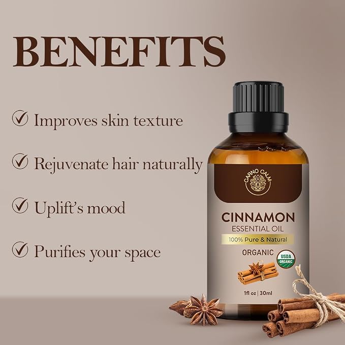 Cinnamon Essential Oil | USDA Certified Organic Cinnamon Oil |for Skin and Hair | Perfect for Aromatherapy | 1 Fl oz