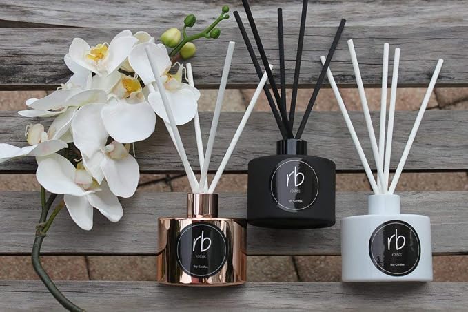 rosbas Egyptian Amber Reed Diffuser Set - Black Glass Bottle - 6 fl oz with Elegant Gift Box - High Performance Fiber Reeds - Handcrafted in USA