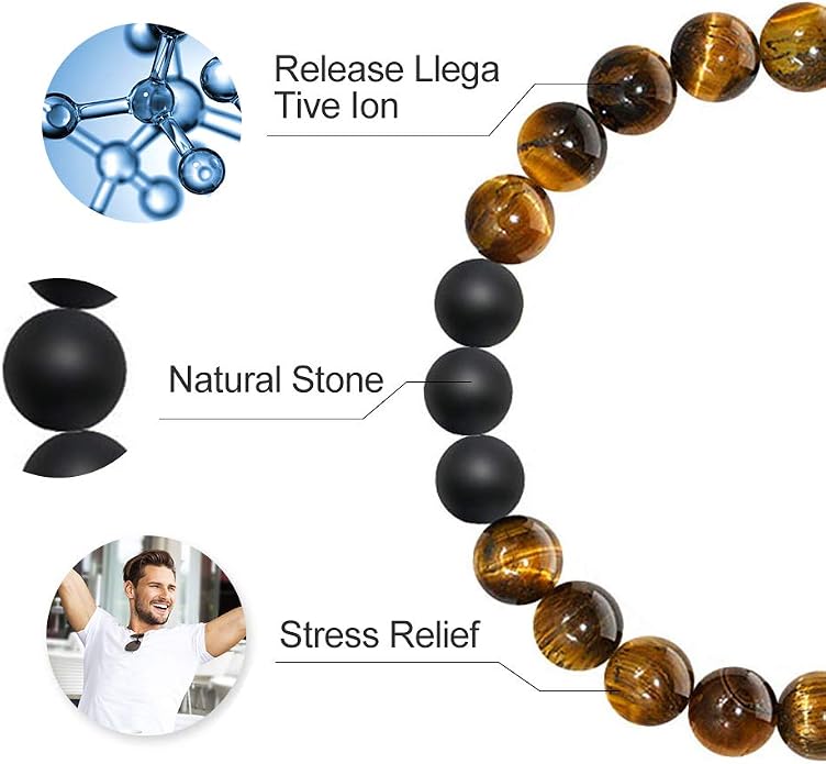 M MOOHAM Mens Bracelet - Beaded Natural Stone 8mm Tiger Eye Matte Agate Lava Rock Bracelets for Men Teen Boys Grandpa Dad Birthday Gifts Jewelry