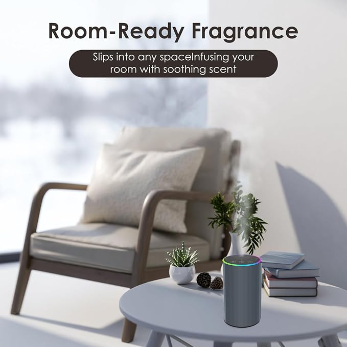 Waterless Essential Oil Diffuser, 7 Colors LED Light, Battery Powered Mini Scent Air Machine, Aromatherapy Mist Diffuser for Home Room Car Office，Black Aluminum Alloy (Gray-LED)