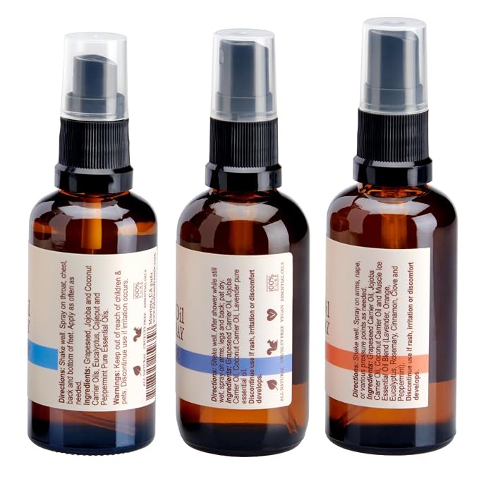 Fabulous Frannie Massage Spray Trio Set Includes Muscle Ice, Easy Breathzy and Lavender Made with Natural Carrier Oils and Pure Essential Oil 2oz (Set of 3)